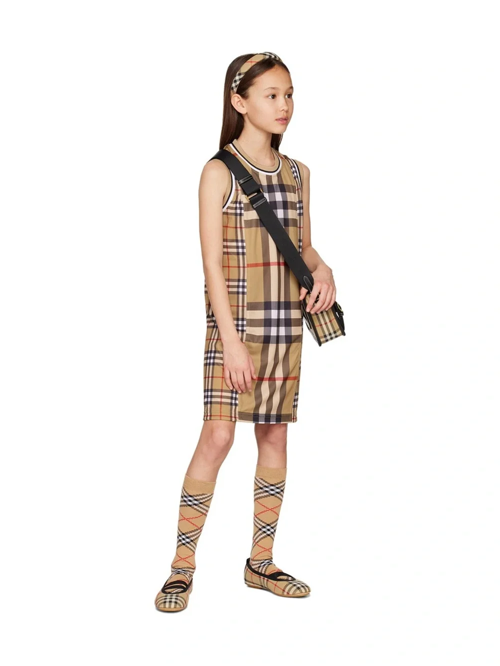 Burberry Beige Sleeveless Shift Dress with Black & Red Check Pattern